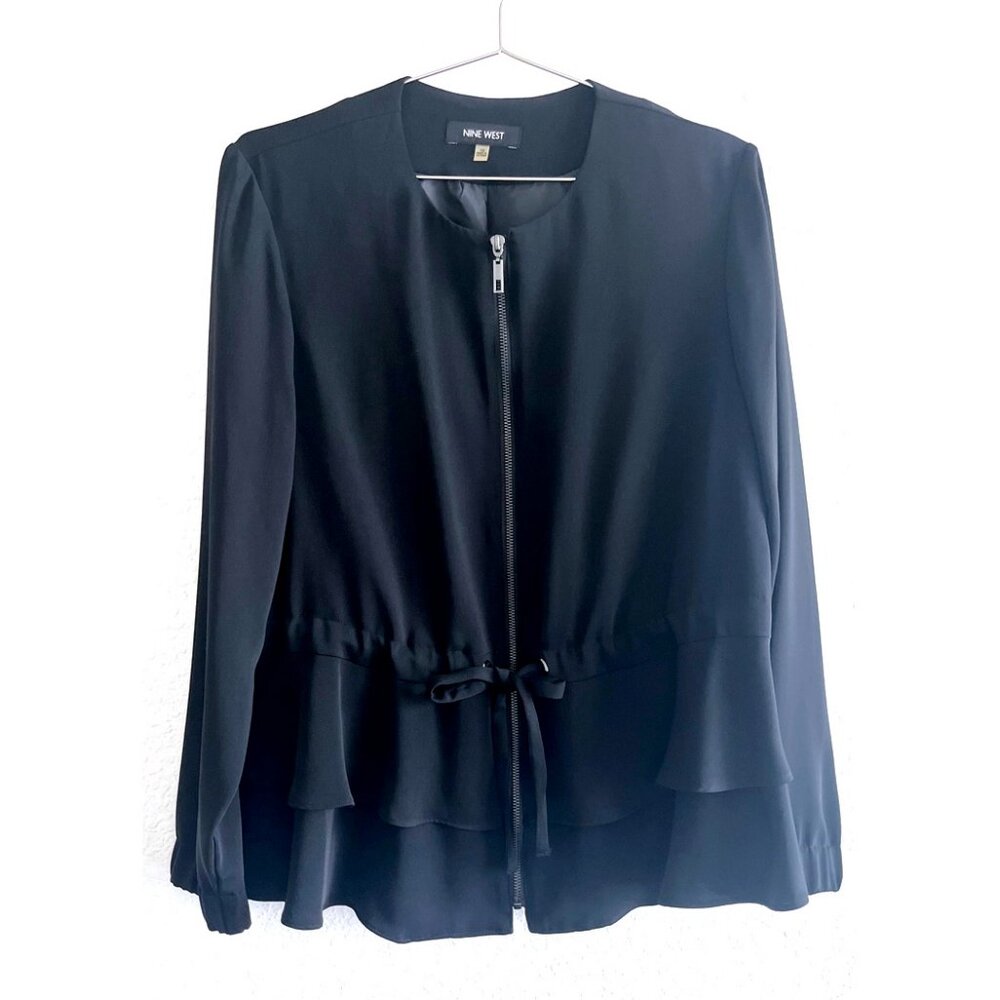 NWOT Nine West Women's Long Sleeve lightweight Tiered Zip-Front Jacket 10, Black